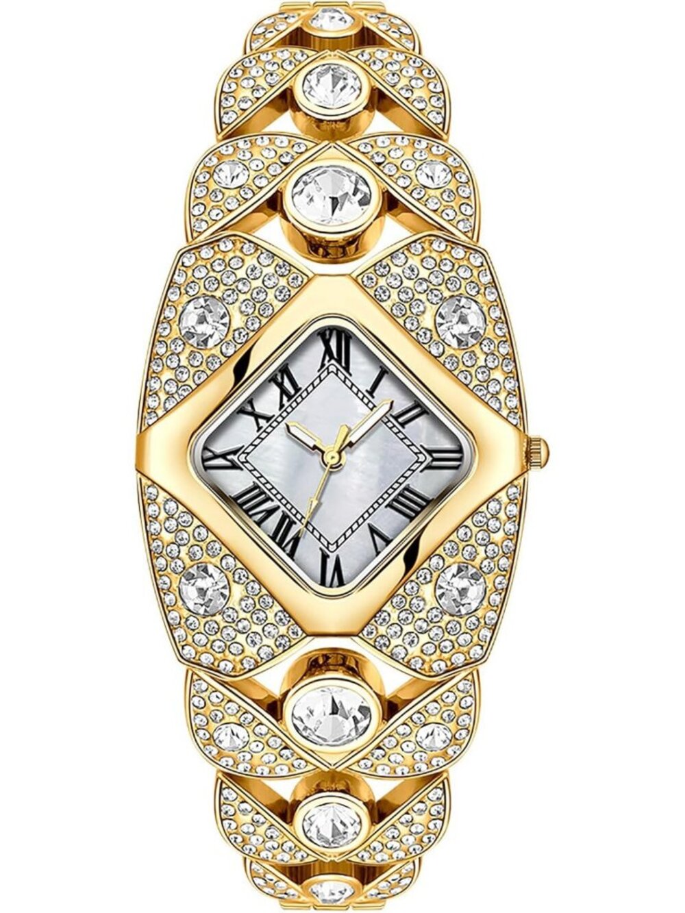 Women's Gold White Rhombic Square Rhinestone Bracelet Roman Numerals Dial Watch